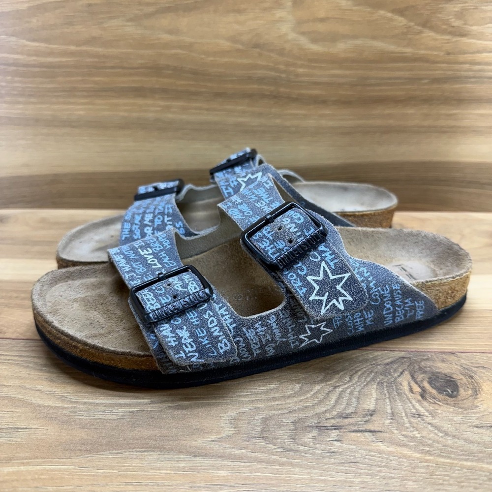 Heidi Klum Birkenstock Arizona Sandals Womens 7 N EU 38 Blue Leather Script